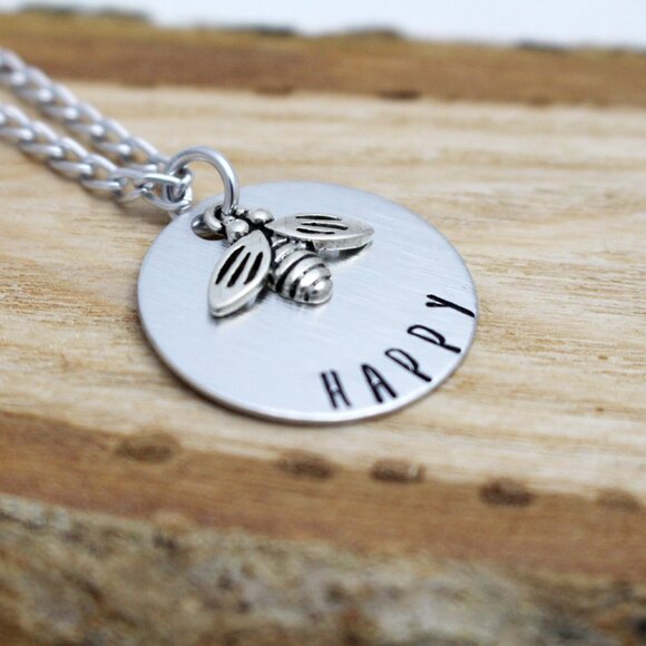 Bee Happy - Hand Stamped Pendant Necklace - Handmade & Hypoallergenic - Picture 3 of 6